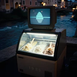 an ice cream fridge in the middle of a neapolitan ice cream river, from 1 9 8 5, bathed in the glow of a crt monitor, ice cream in background, low - light photograph, photography tyler mitchell