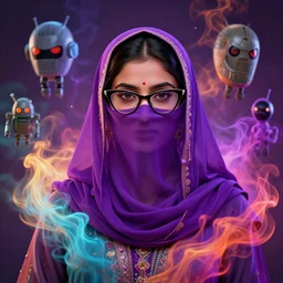 a symmetrical beautiful hyderabadi young woman with cat eye glasses and purple niqab and colorful smoke energy by alex gray and android jones, concept art, octane render, 8 k, unreal engine