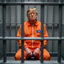photo of donald trump sitting in a jail cell wearing an orange jumpsuit defocused bars in the foreground, studio lighting, key light, 8 k, 8 5 mm f 1. 8