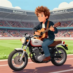 illustration image for bob dylan riding a motorcycle and playing his guitar in the fulham f. c stadium, highly detailed, fantasy, cartoon style, painting