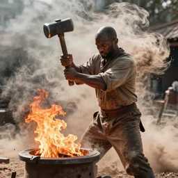 a very strong blacksmith swinging his hammer he is made of psychedelic dust clouds dancing in the wind, hyper realistic, roaring fire, midday, realistic lighting, psychedelic dust, psychedelic dust, psychedelic dust, Very strong Blacksmith, photo realistic, 4k