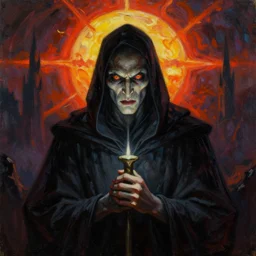 a vibrant portrait painting of a evil necromancer with piercing eyes in dark fantasy setting, centered, dying earth, darksun, art by frank frazetta, artgerm, michael whelan, chris riddell, greg rutkowski