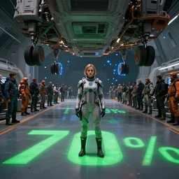 girl in the sci - fi suit, people crowd, spaceport, landing gear, wide angle shot, green colour sharp pattern on the floor, gray colour 7 0 %, orange colour 1 0 %, blue glowing point lights 2 0 %, avatar, cinematic keyframe. by fausto de martini, wadim kashin. ultra realistic, cinematic light, ue 5, featured on artstation, octane render, sharp focus, ray tracing, artstationhq, cgsociety, cinematic 8 k