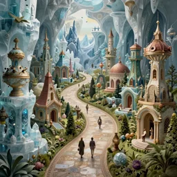 an epic elite elegant mysterious realistic masterpiece fantasy matte painting of an impossible path winding through arctic dream worlds with surreal architecture designed by heironymous bosch, structures inspired by heironymous bosch's garden of earthly delights, surreal ice interiors by cyril rolando and cyril rolando and asher durand and natalie shau, insanely detailed, whimsical, intricate, sharp focus, complex