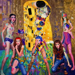 rebellious teens making trouble, psychedelic, patterned skin, trending on artstation, photorealism, vibrant colors, digital art, in the style of harumi hironaka, gustav klimt, egon schiele, coby whitmore, david bates, monet, lisa frank, picasso, octane render.