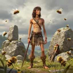 a skinny Hunter from Stone Age surrounded by bees Greg Rutkowski and Raymond Swanland, Trending on Artstation, cloudy background, ultra realistic digital art