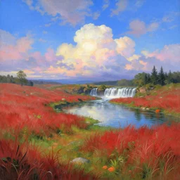 a fantasy meadow with pond and waterfall in the distance, patches of red grass, blue sky with colorful clouds, by stephan martiniere and andreas rocha