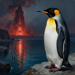 a photorealistic highly detailed painting of a vintage 1 9 5 0's penguin fishing looking at his reflection in hell by johfra bosschart, lisa frank, kinkade, visionary art, dark fantasy art, high detail, trending on artstation