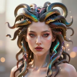 a cyberpunk close up portrait of cyborg medusa, electricity, rainbow, snakes in hair, sparks, bokeh, soft focus, skin tones, warm, daylight, geometric, by unreal engine, paul lehr, jesper ejsing