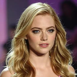 blonde Emma Stone on Victoria's Secret Fashion Show, face zoom.