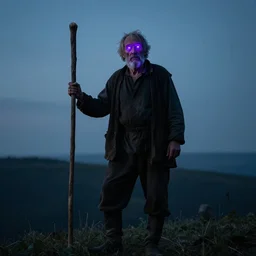 cinematic still of a old peasant man with glowing purple eyes, standing on a hill wielding a staff by Greg Rutkowski