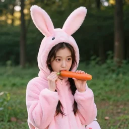 nayeon wearing a pink rabbit costume and nibbling on a carrot, 5 0 mm, f / 1. 8, outdoors, golden hour, forest clearing