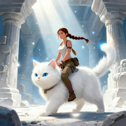 Lara Croft riding on epic looking white fuzzy cat, white sparkles sunlight beams, white stoned ancient tomb, bright blue flashes, Greg Hildebrandt, Mark Keathley