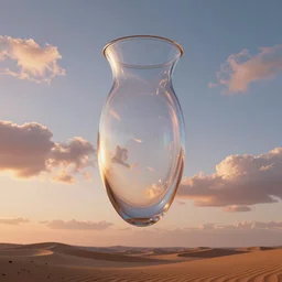 an amazingly stunning picture of a transparent refractive vessel floating high up in the sky over a desert, intricate detail, sunset, serene, volumetric lighting, volumetric clouds, 8 k, photorealistic, digital art trending on artstation