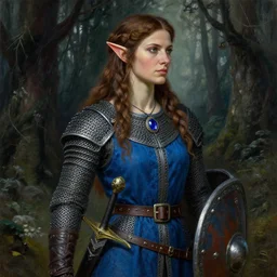detail body portrait of pretty girl chain mail in the grim forest, elf, long weaving brown hair, blue surcoat, illustration, female, middle age, scabbard, shield, round sapphire necklace, leather gloves, wide belt, celshading, 5 1 s, oil paint, sharp focus, intricate, looks right by artgerm, mucha, bougueruau