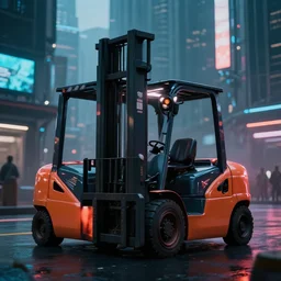 Beatiful  cyberpunk photograph of a forklift driving down a cyberpunk city