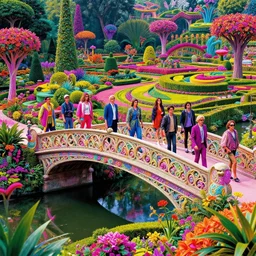 exquisite ornate bridge over manicured colorful gardens, highly detailed, bright neon colors, cinematic, synthwave, tim white, vladimir kush, bruce pennington, boris vallejo, chris foss, michael whelan, lisa frank, bob eggleton, alfred kelsner, kubrick