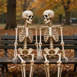 front view portrait of romantic couple! of two! human skeletons!, sitting on a park bench in a autumn park, tenderly holding their hands, partially covered with dust, cinematic lighting, late afternoon, photorealistic image