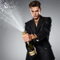 fashion model opens champagne bottle, champagne spray slowmo, official versace editorial, highly detailed