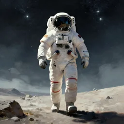 a wide angle shot of an astronaut from under walking fearlessly with a manly posture towards the camera in the artstyle of finnian macmanus, john park and greg rutkowski