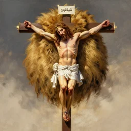 portrait lionel messi as jesus in the cross, full length shot, shining, 8 k highly detailed, sharp focus, illustration, art by artgerm, mucha, bouguereau