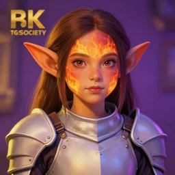 A professional digital portrait painting of a young adult female goblin with (skin that looks like fire), dressed in light armor, 4k, digital art, trending on cgsociety, highly detailed, paint by Wes Anderson, head and shoulders shot, shallow depth of field, purple and yellow lighting, professional lighting, airbrush, Hayao Miyazaki