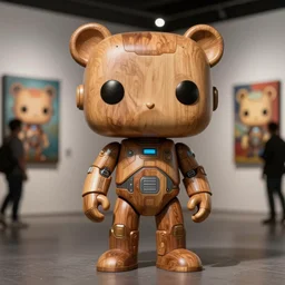 8 k octane render sculpture photorealistic beautiful character wooden design, art toys collectible figurine, mascot pop funko, very cute bear robot bear android cyberpunk, contemporary art gallery in background concept art cgsociety by peter mohrbacher, hajime sorayama, wayne barlowe, boris vallejo, aaron horkey, gaston bussiere, craig