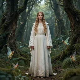hyper realistic photography fantasy portrait of a female priestess in robe in a fantasy forest with fairies and dryads by Karolina Kuras, annie liebowitz