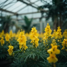 a tropical greenhouse with yellow flowers, cinematic colors, bokeh