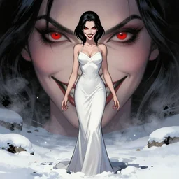 Rafeal Albuquerque comic art, Joshua Middleton comic art, pretty female Phoebe Tonkin, vampire, fully red eyes no pupils, sharp vampire teeth, evil smile, horror, symmetrical face, symmetrical eyes, pretty white dress, short black hair, full body:: snow outside::