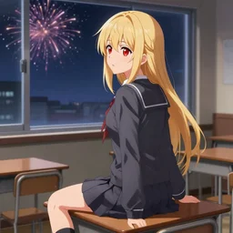 advanced digital anime art, a seductive female teen with red eyes and blonde hair that is to waist length wearing a dark grey school outfit sitting on a desk in a classroom at night watching fireworks through the window. drawn by Shikamimi, WLOP,rossdraws