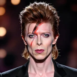 headshot of david bowie's face morphed into lady gaga's face, androgynous ziggy stardust, bokeh