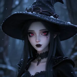 focus face portrait of beautiful darkness witch 3D anime girl, dark forest background, snowing, bokeh, inspired by Tim Burton, digital painting, unreal engine render, volumetric light, high détail