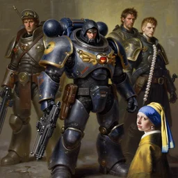 full character portrait max mad cyberpunk heavy weapons technician hacker warhammer 4 0 k, tech priest medic sapper not the girl with the pearl earring character design, painting by gaston bussiere, katsuya terada, wyeth, greg rutkowski, craig mullins, ( ( ( ( ( vermeer ) ) ) ) ), frank frazetta, mucha, tom of finland, trending on artstation