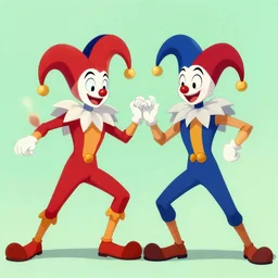 “two animated jesters, lance fighting, with superpowers”