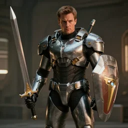 film still of tg - 1 6 keith courage in the new sci - fi movie, robot armor with shiny sword and shield