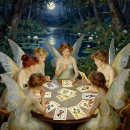 a group of gracious winged fairies playing cards!! on a table in an atmospheric moonlit forest next to a beautiful pond filled with water lilies, artwork by ida rentoul outhwaite, fairies have wings, detailed, anatomically correct bodies, realistic female faces
