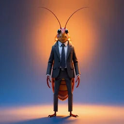 full body shot of a thin anthropomorphic cockroach wearing a suit with a tie, long antennae, best of artstation, backlighting, orange lights, blue shadows, 8k, hyper detail illustration, symmetrical, correct proportions