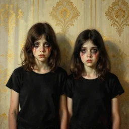 a beautiful and eerie baroque painting of two beautiful but creepy siblings wearing black t - shirts in layers of fear, with haunted eyes and dark hair, 1 9 7 0 s, seventies, wallpaper, a little blood, morning light showing injuries, golden hour, delicate embellishments, painterly, offset printing technique, by brom, robert henri, walter popp