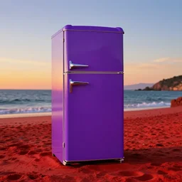 purple refrigerator on a red beach at sunset, realistic photo by salvador dali