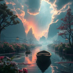 ta ha, volumetric lighting, highly detailed, by greg rutkowski, complementing colors, god looking at me, heavy rainy, lofty heavens, water reflection, flowers, hyper realistic, concept art, 8 k detail post - processing, cyberpunk style, arcane style, boat in river