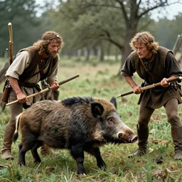 prehistoric men hunting boar, a colorized photo, colorized, # film, movie still