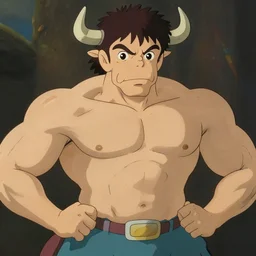 bull headed muscular man by studio ghibli, digital art, classical art, sharp focus