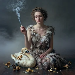 photographic portrait of sad max ernst woman swan dried melting floral fungus with spiraling cigarette smoke, wearing a dress made of feathers, nebula, in fog, editorial