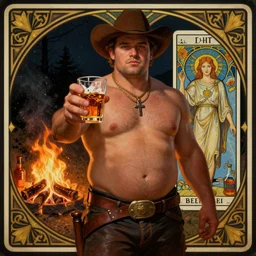 a dramatic, epic, ethereal painting of a handsome thicc shirtless cowboy beer belly wearing a leather belt offering you a drink | background is a late night campfire with food and jugs of  whisky | tarot!! card, art deco, art nouveau, homoeroticism, warm lighting, dark background, symmetrical | by Mark Maggiori | trending on artstation