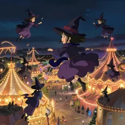 young witches flying above exploring a carnival, witchlight carnival amusement park, night time, rim light, studio ghibli style, high octane filter, 8 k, highly detailed, digital painting, concept art, matte, art by ruan jia and wlop and greg rutkowski and makoto shinkai, masterpiece
