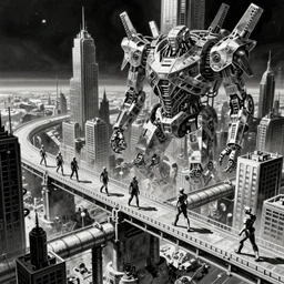 dimantled disassembled cyborgs on bridges and pipes walk huge cybernetic mega city in space, black and white, by nihei tsutomu