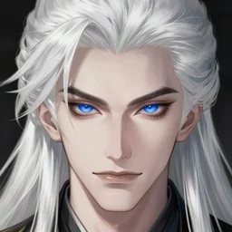 up close portrait of a male vampire, white hair, blue eyes, anime, face, fantasy, intricate, elegant, highly detailed, digital painting, artstation, concept art, smooth, sharp focus, illustration, art by artgerm and greg rutkowski and alphonse mucha