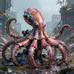 portrait of a a mechanical octopus in a scenic environment, cyberpunk, mechanical parts, electric sparks, trending on artstation