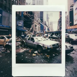 faded photographs of delorean in postapocalyptic abandoned destroyed times square, wrecked buildings, destroyed flipped wrecked cars, flood pond water polaroid photo, vintage, 1 9 8 5, neutral colors, rainy day, by gregory crewdson